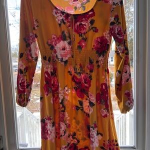 No Boundaries Mustard Floral Tie-Front Smocked Dress